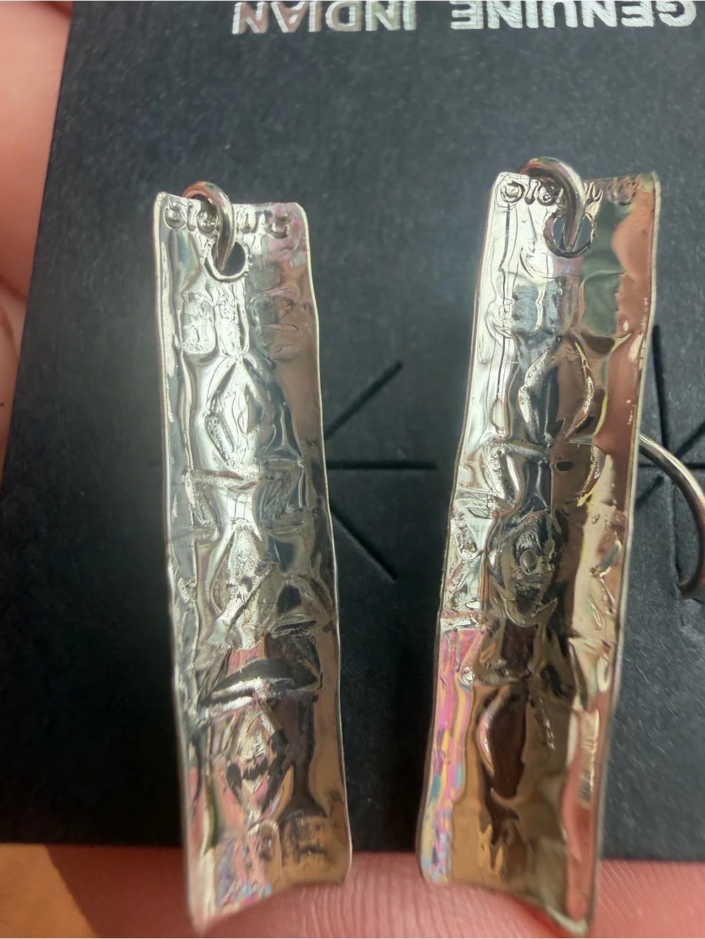 Navajo handmade 925 Sterling Silver Textured Bar Dangle Earrings - Silver